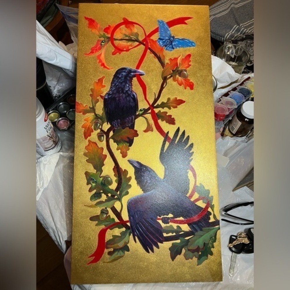 ORIGINAL Ravens crow painting Butterfly art Oak Leaves Gold accent nature - Picture 4 of 9
